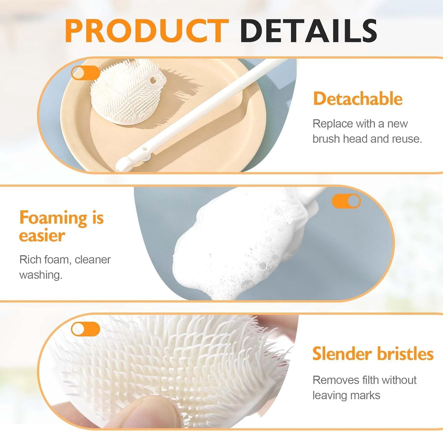 12.4" Silicone Bottle Brush, 3-in-1 Ergonomic Long Handled Cleaning Cup Brush,Water Bottle Cleaner,Deep Cleaning for Baby Bottles,Glassware, Narrow Neck Containers
