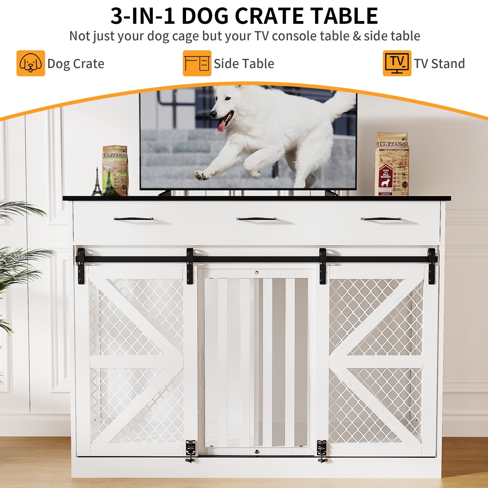 Casendy Dog Crate Furniture with Adjustable Divider for 2 Dogs, Heavy Duty Dog Kennels with 3 Drawers and Sliding Doors, Media Console Dog Cage for Living Room, White