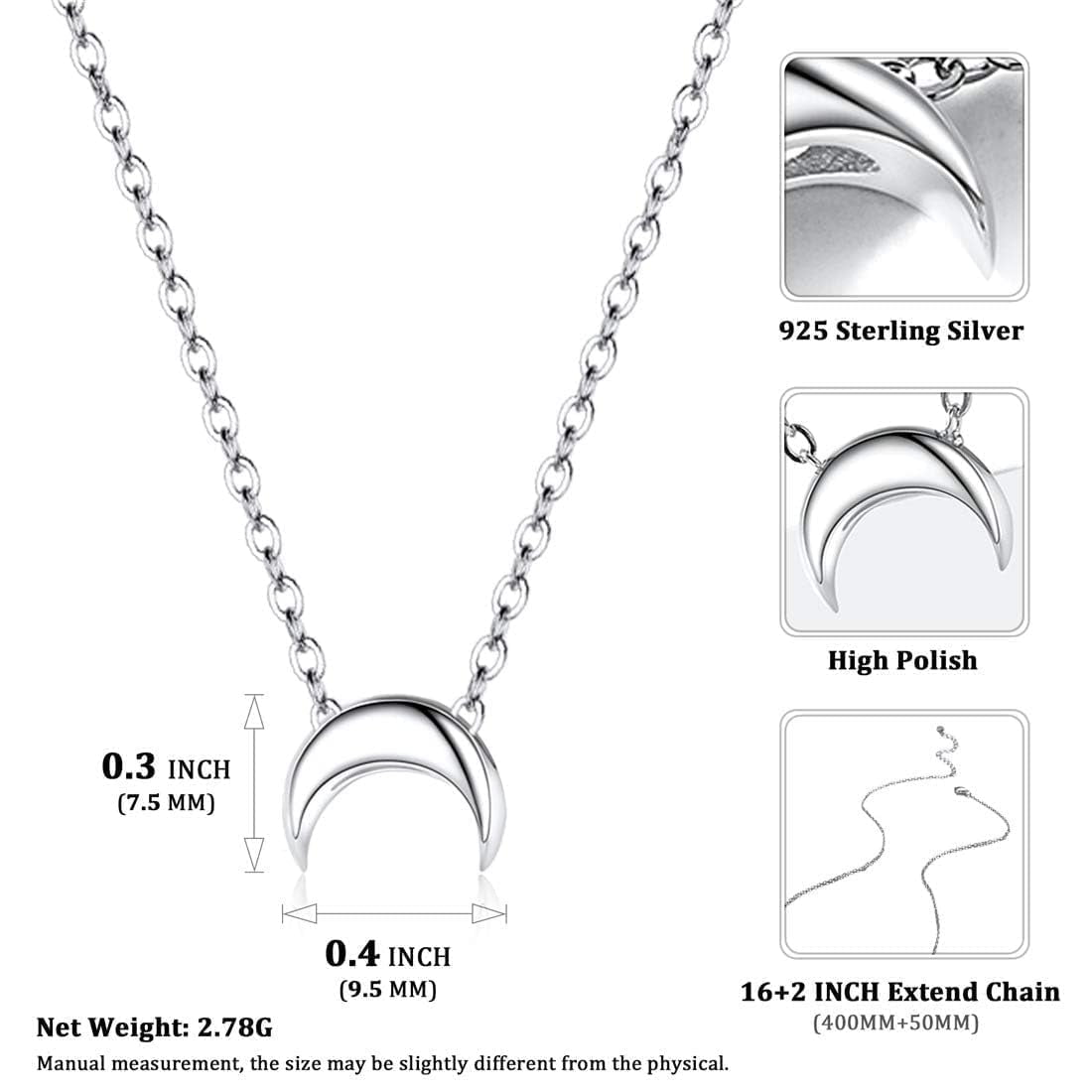 ChicSilver Moon Necklaces for Women 925 Sterling Silver Pendant Necklace Dainty Jewelry Gift for Valentines Day