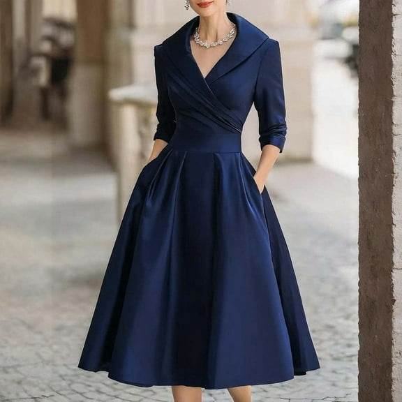 Women's Vintage Dress Fall Fit and Flare 3/4 Sleeve Elegant Cocktail Party Formal Church Dresses 2025 Dark Blue XL