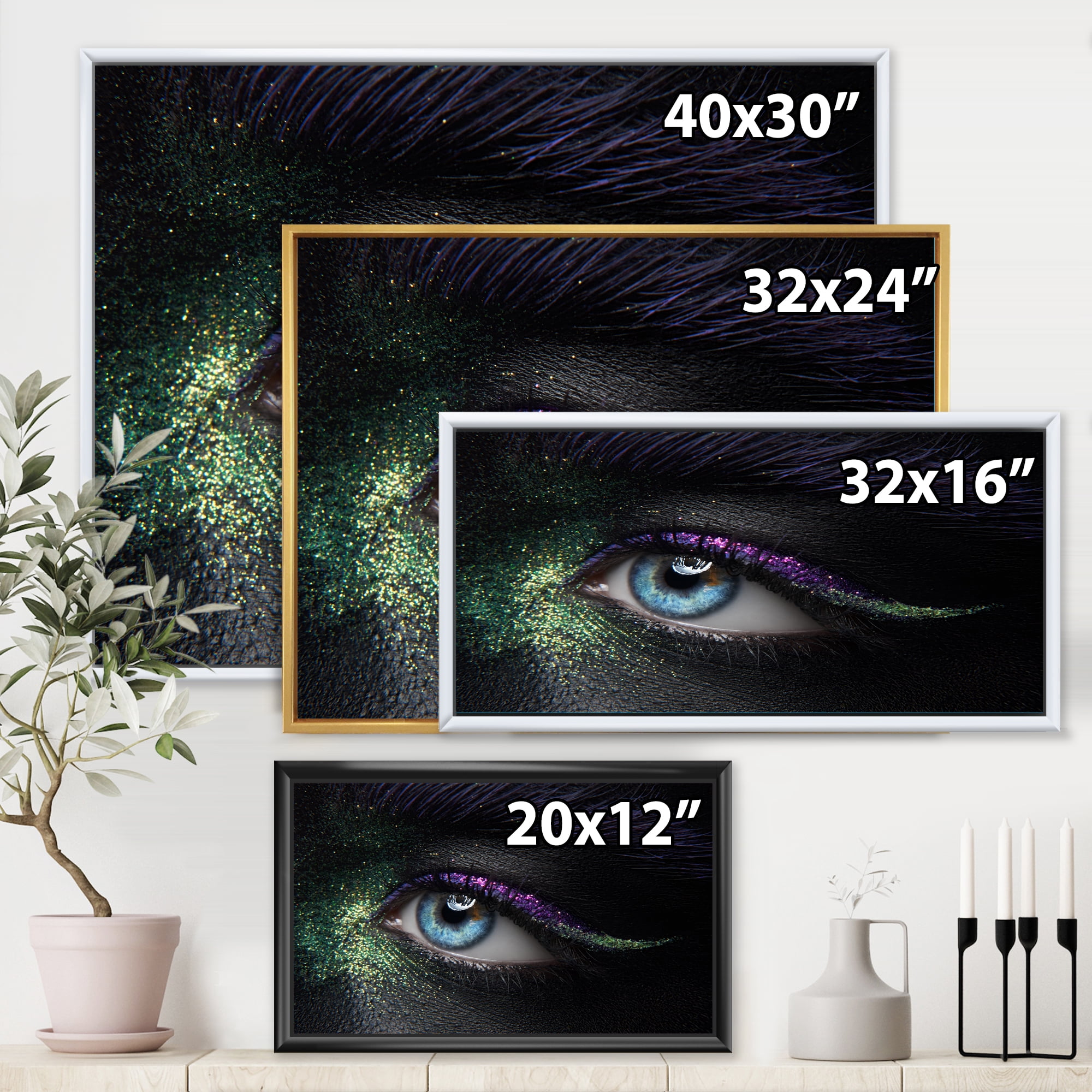Woman Eyes With Green & Purple Pigment & Sparkles 32 in x 16 in Framed Photography Canvas Art Print, by Designart