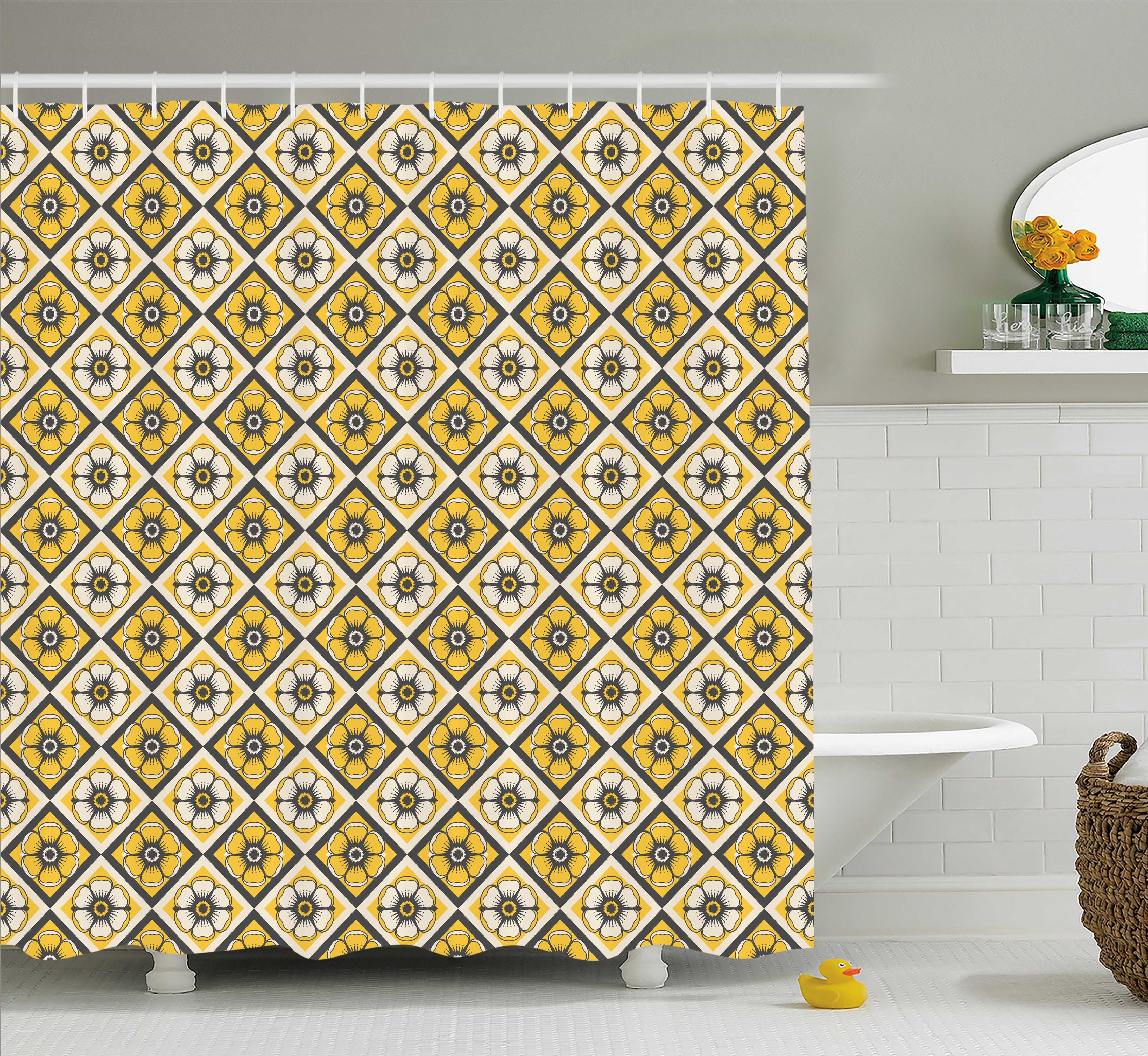 Grey and Yellow Shower Curtain, Tile Like Spring Flowers in Rectangular Shape Image, Fabric