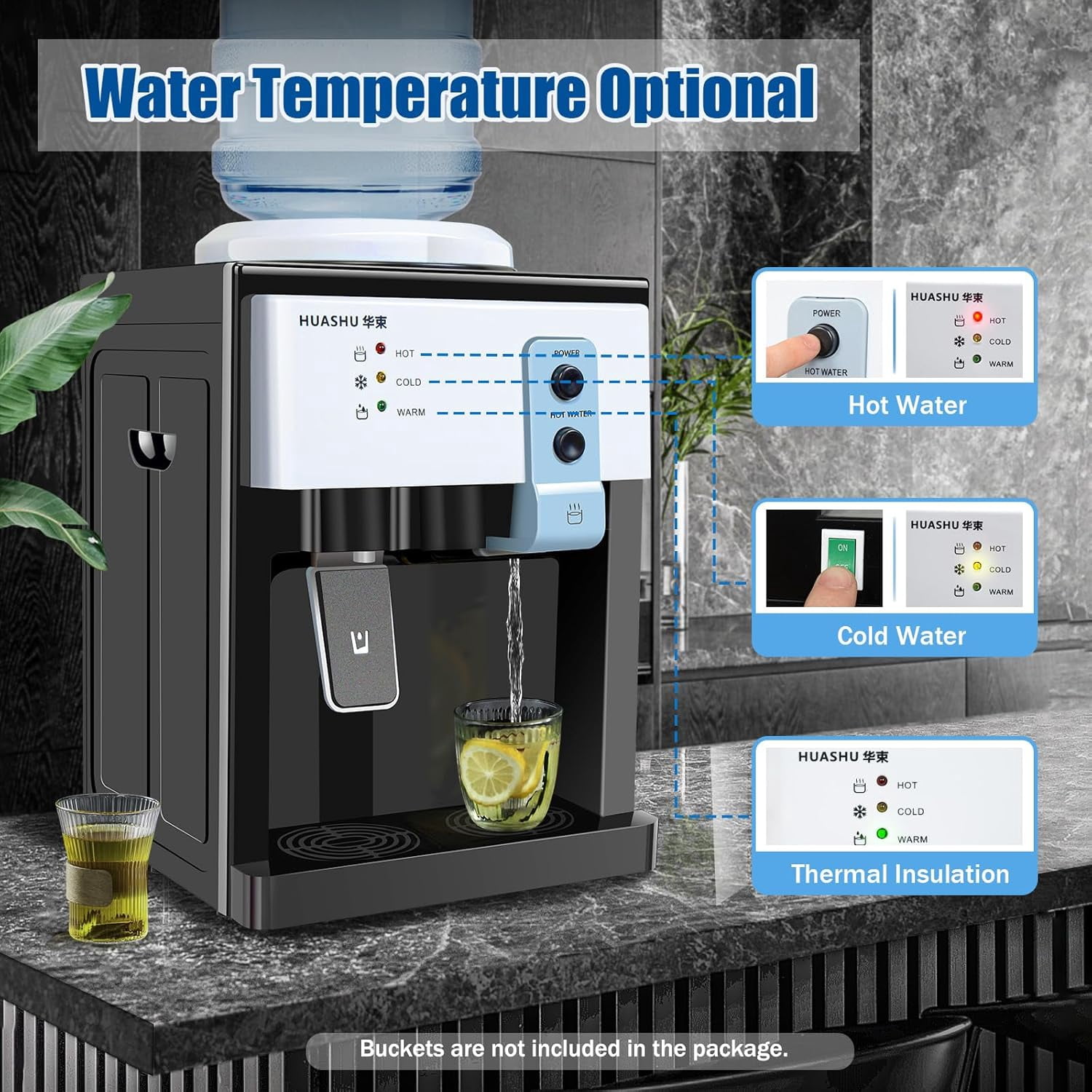 Top Loading Water Cooler Dispenser, Ice Hot Cold Water Dispenser for 1 to 5 Gallon Bottles, 3 Temperature Settings, Countertop Water Cooler for Home Office School, Black