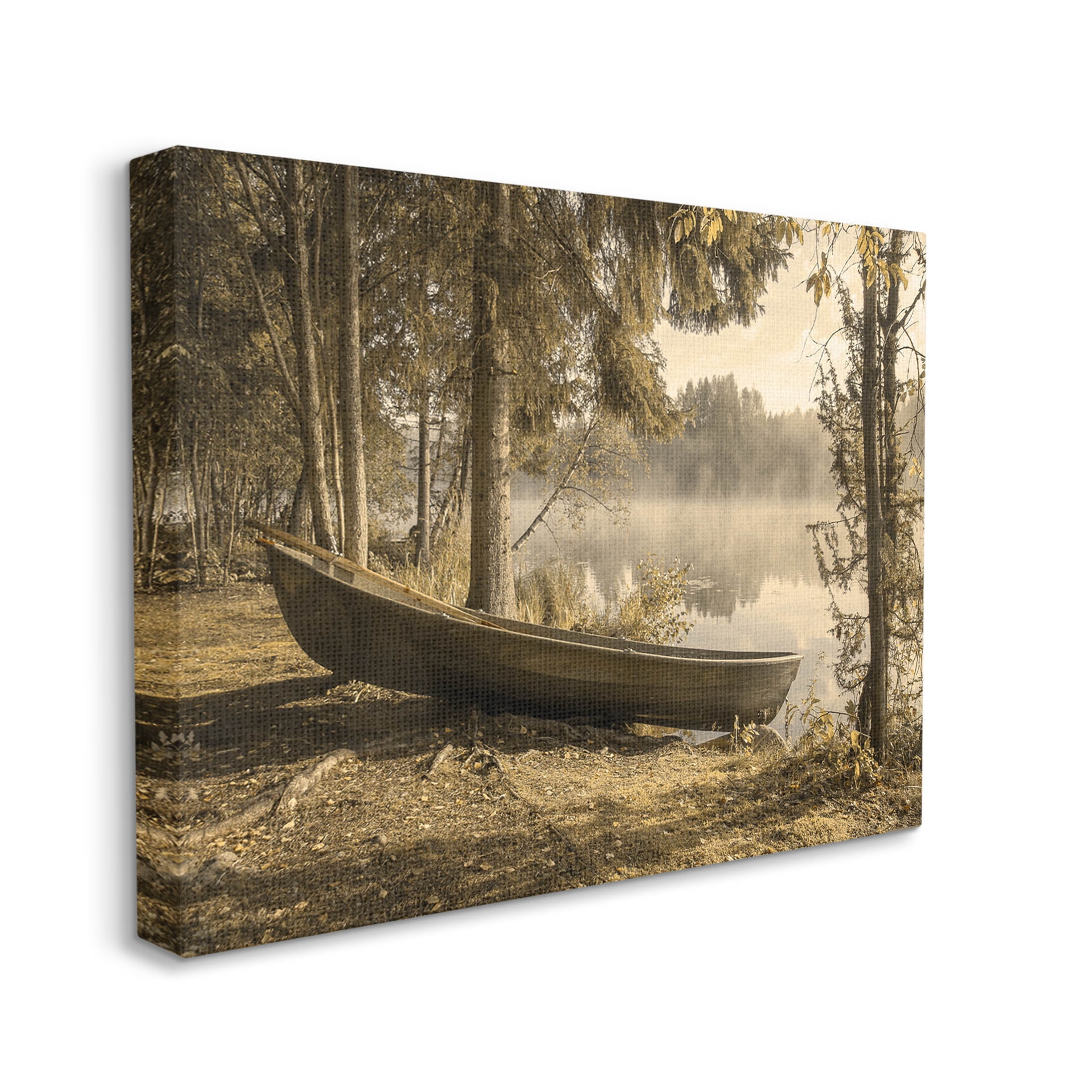 Lakeside Canoe Forest Wilderness Landscape Photograph Gallery Wrapped Canvas Print Wall Art