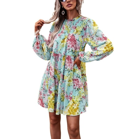 Valcatch Women s Casual Floral Dress Mock Neck Long Sleeve Flowy Boho Dresses