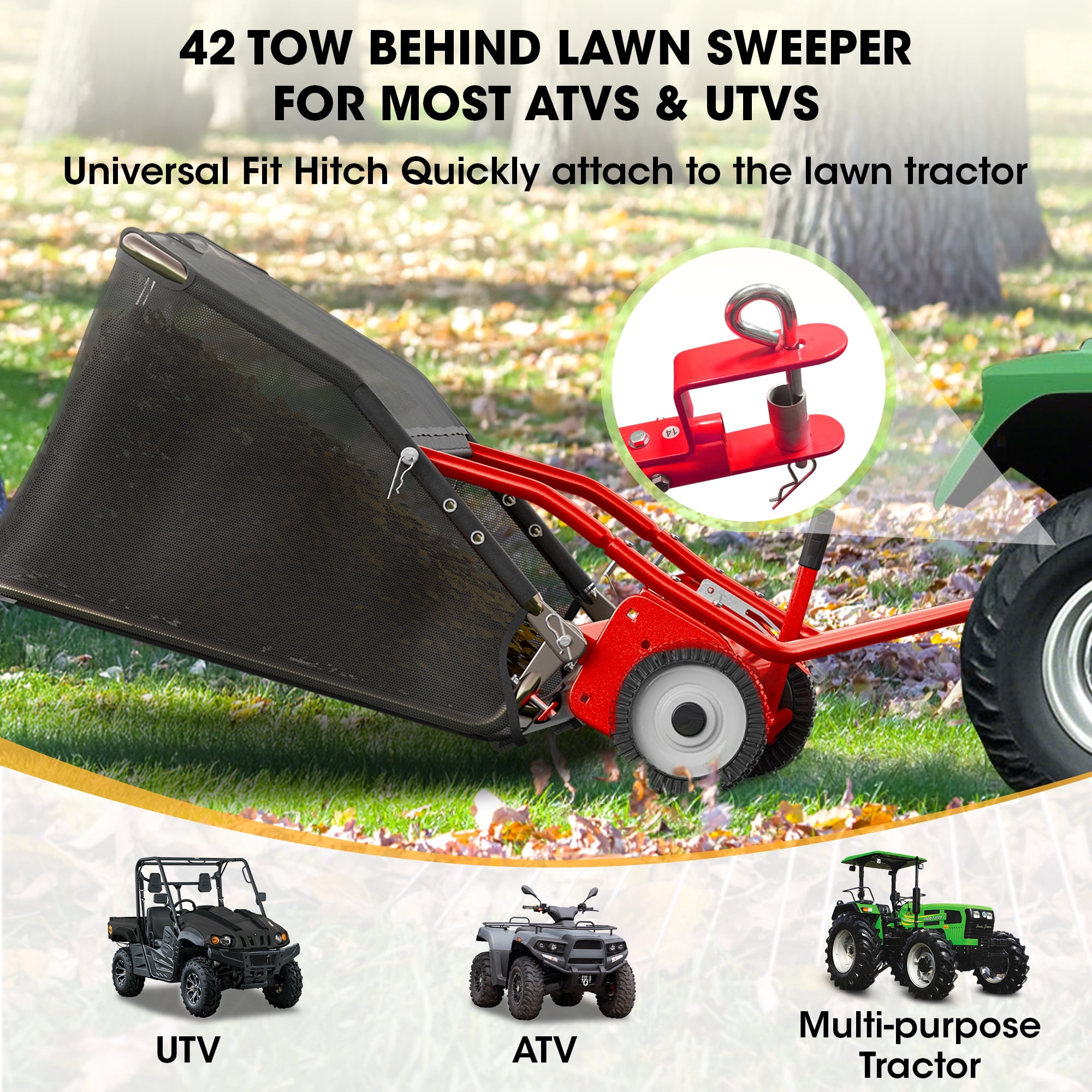 42" Tow-Behind Lawn Sweeper, 18.55 Cu.ft Large Hopper Leaf & Grass Collector, Adjustable Height, Easy Dumping Rope, Heavy Duty Yard Cleanup Tool for Lawn Tractor ATV,Universal Hitch,Red