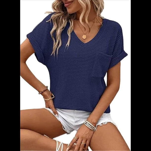 Camiseta Básica de Corta para Mujer, Informal, de Punto Gofre, con Cuello en V, Color Azul Marino, Talla L