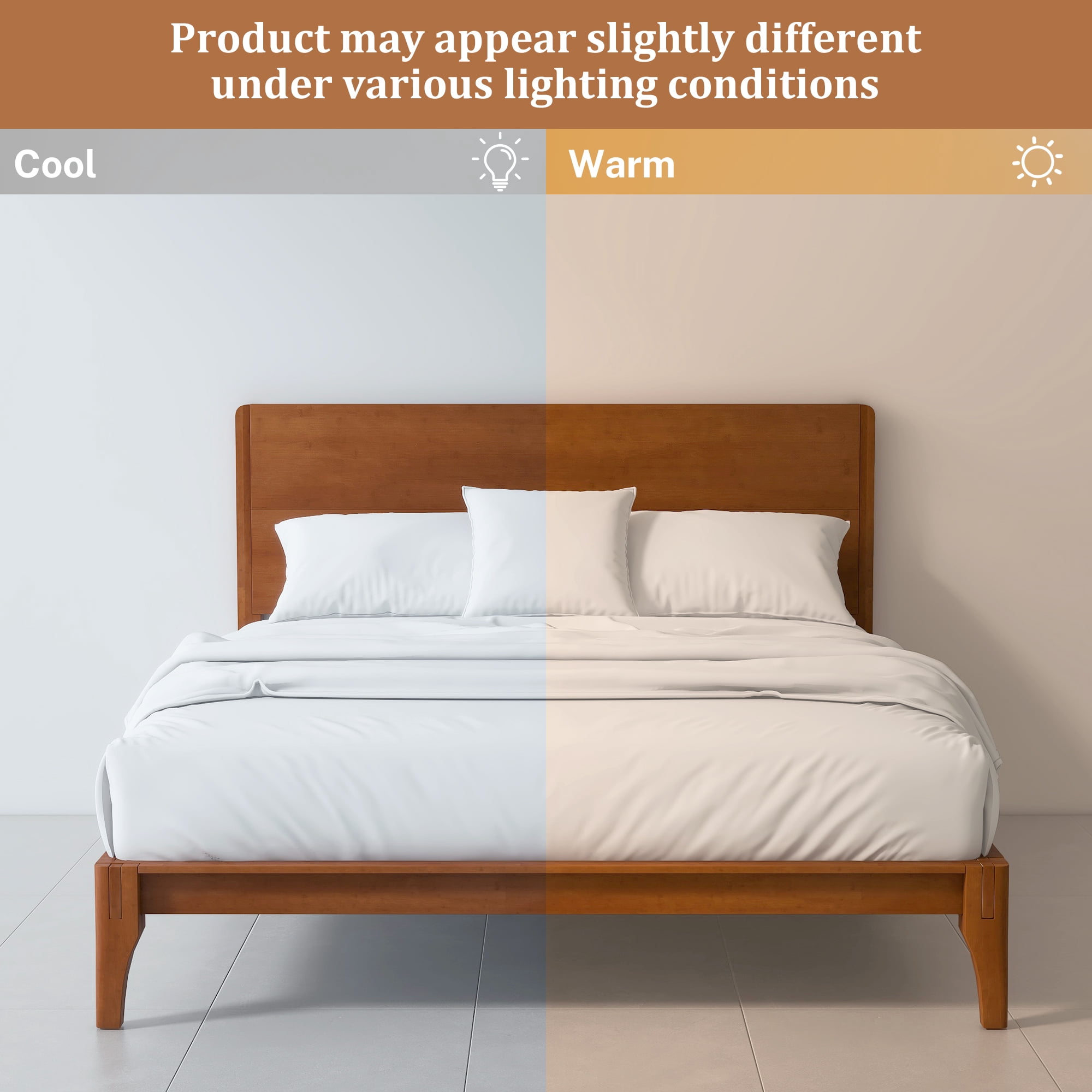 Euroco Mid-Century Queen Size Platform Bed, Bamboo Wood Bed for Bedroom, Brown