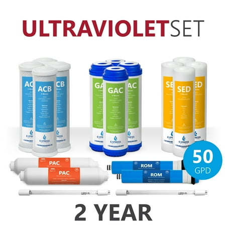 Ultraviolet Water Treatment System - Express Water – 2 Year Ultraviolet Reverse Osmosis System Replacement Filter Set – 18 Filters with UV and 50 GPD RO Membrane – 10 inch Size Water Filters (50 GPD)