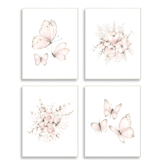 Stupell Industries Pastel Floral Blossoms Butterfly Insect Nature Painting Graphic Art Unframed Art Print Wall Art, Set of 4, Design by Studio Q