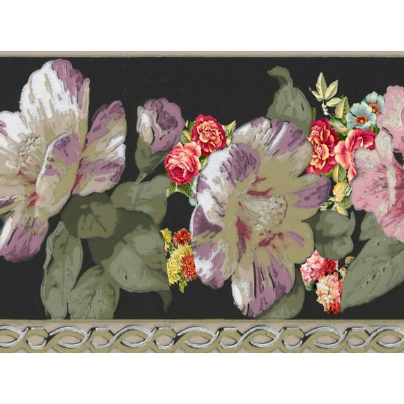 Dundee Deco's Peel and Stick Wallpaper Border - Floral Pink Black Green Flowers Wall Border Retro Design, 15 ft x 7 in (4.57m x 17.78cm), Self Adhesive