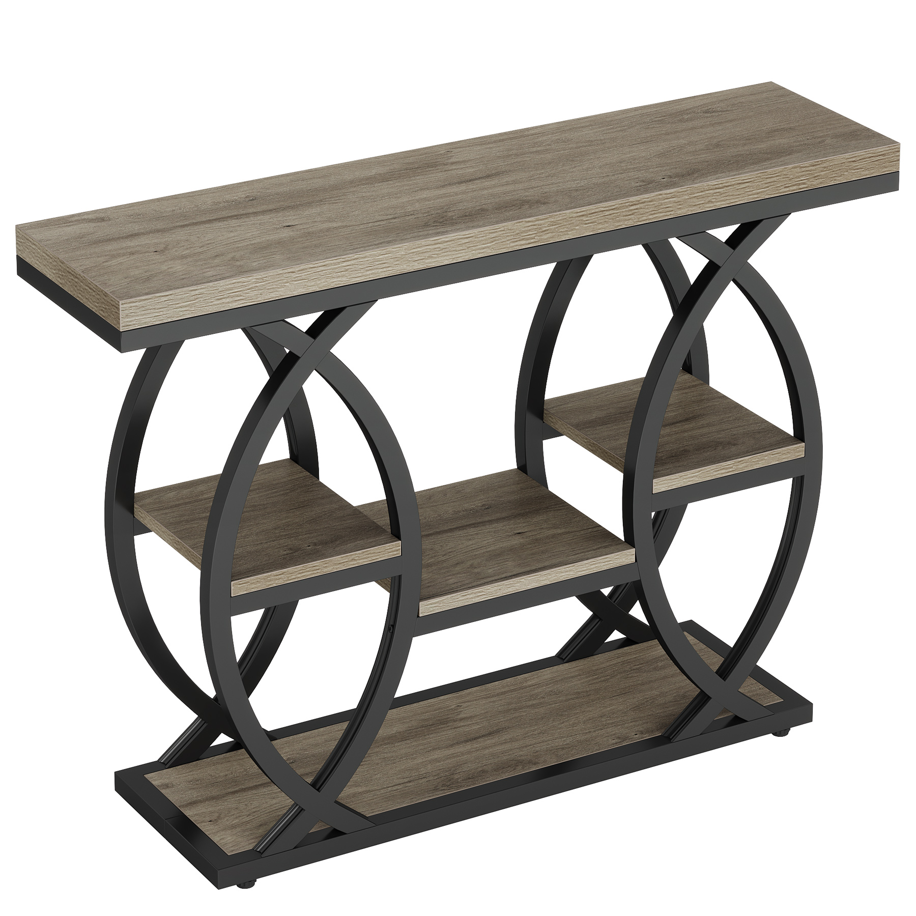 Fnova 39.4" Industrial Console Table, 4-Tier Retro Staggered Storage Shelves, Narrow Wood Accent Table with Metal Frame, for Small Spaces, Entryway, Sofa, Hallway