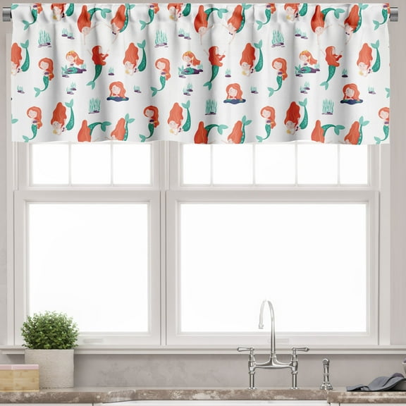 Ambesonne Mermaid Valance Pack of 2, Sea Creature Girls Cartoon, 54"X12", Burnt Sienna Seafoam