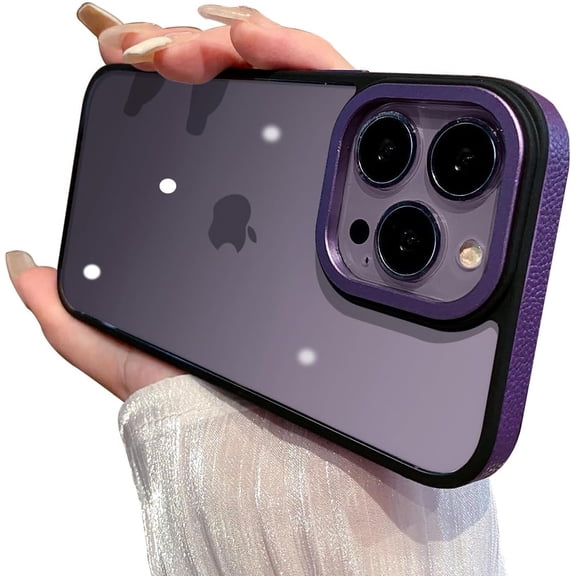 Ultra Clear Metal Camera Leather Frame Acrylic Case Compatible with iPhone Case (iPhone 14 Pro Max,Purple)