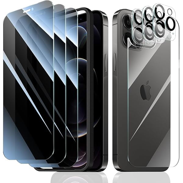 wonima44 3+3+1+1-Pack, Privacy Screen Protector and Camera Lens Protector for iPhone 12 Pro with Back Tempered Glass Film & Installation Alignment Aid, Anti-Spy, Dark Private Black Protection