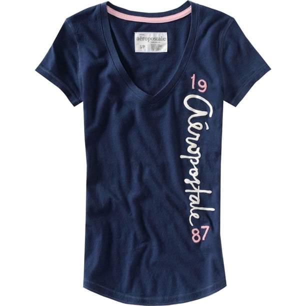 Camiseta gráfica con cuello en V para mujer de Aeropostale, azul, grande