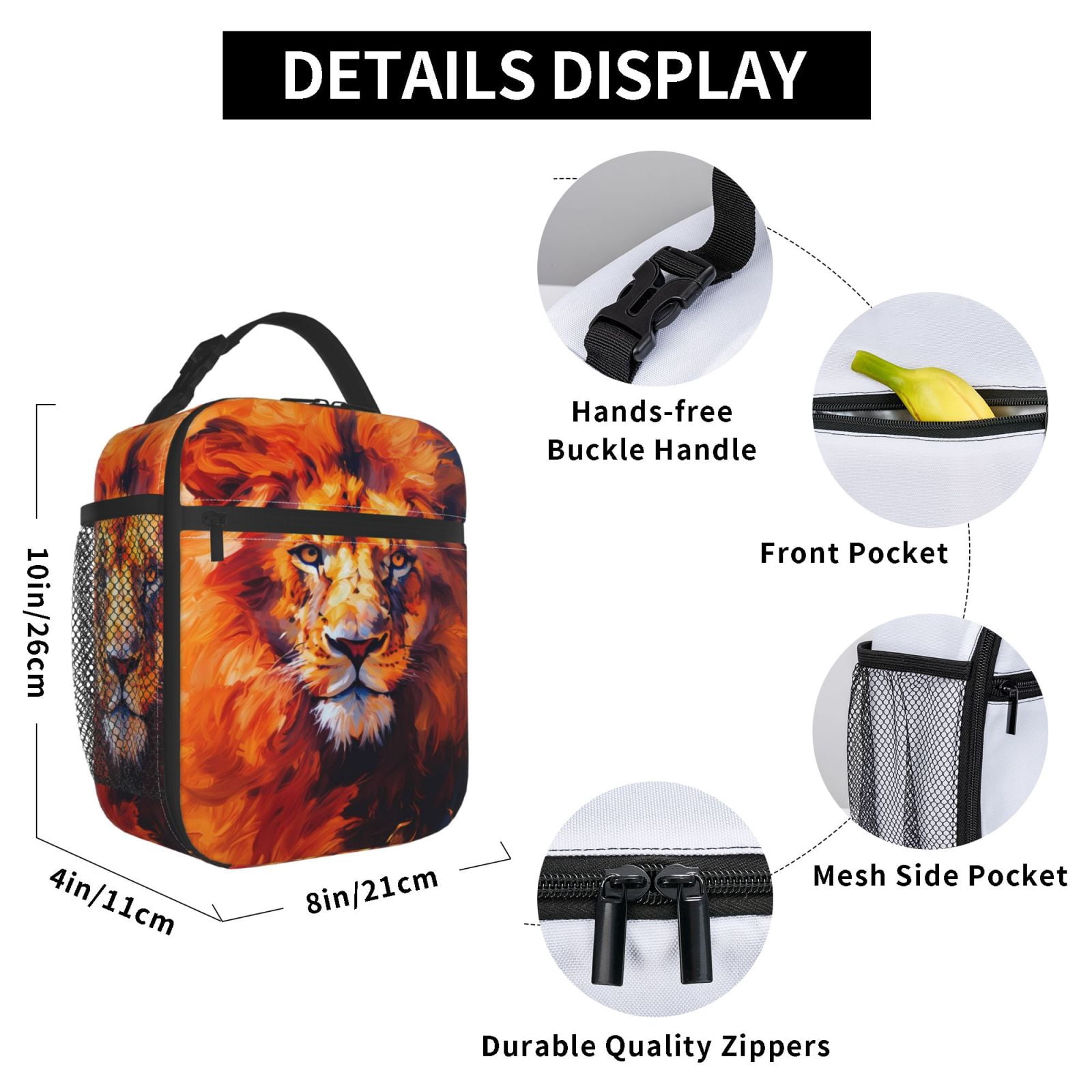 Lunch Bag For Women Men Insulated Portable Lunch Box Bento Box Office Picnic Travel Cooler Bag Lion Fire