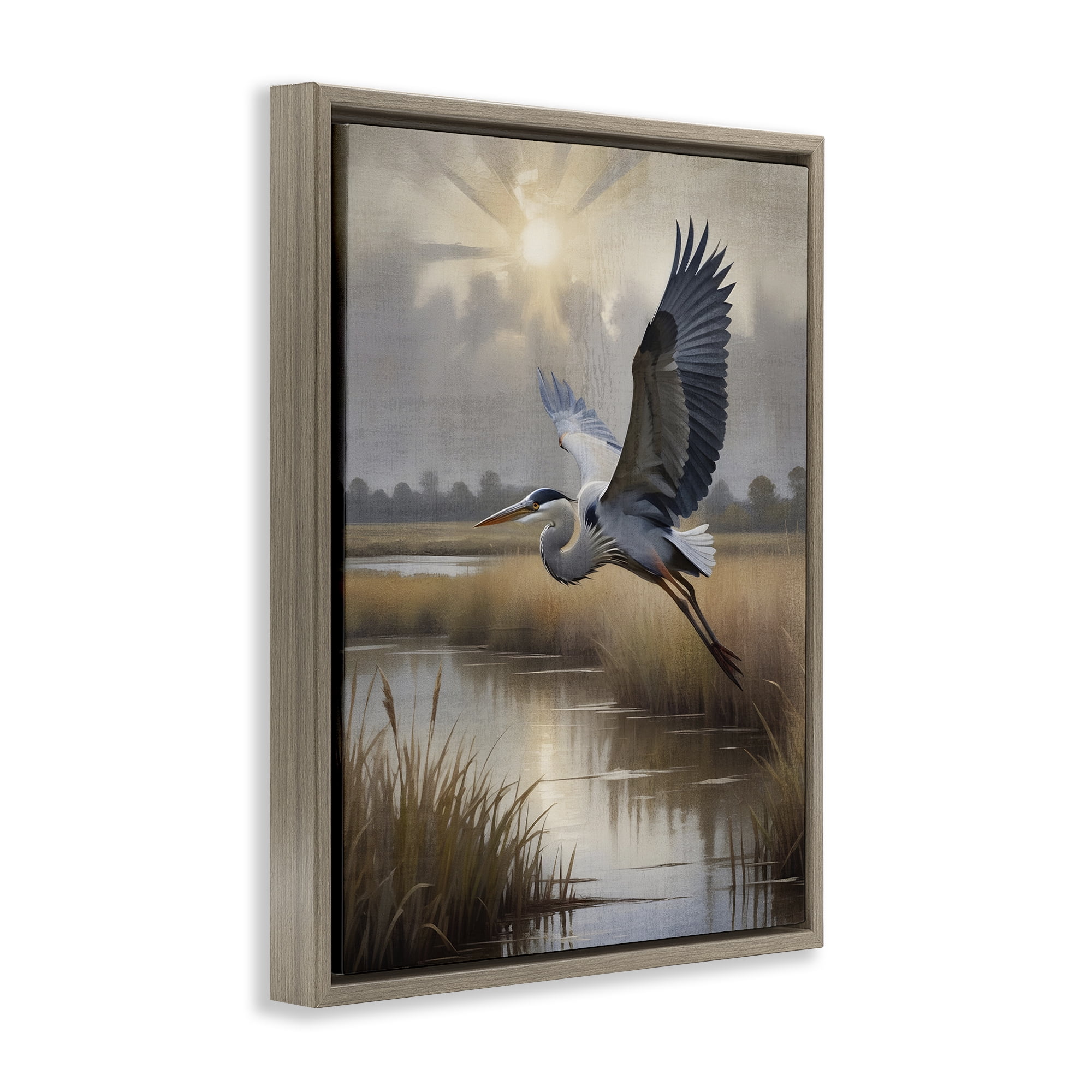 Stupell Industries Heron Flight over Wetlands Brown Framed Floater Canvas Wall Art, design by Susan Arnot
