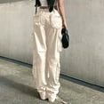 thumbnail image 4 of Cargo Pants Mid Waist for Women Wide Straight Leg Pant Button Waist Zipper Front Trouser with Pocket, 4 of 7