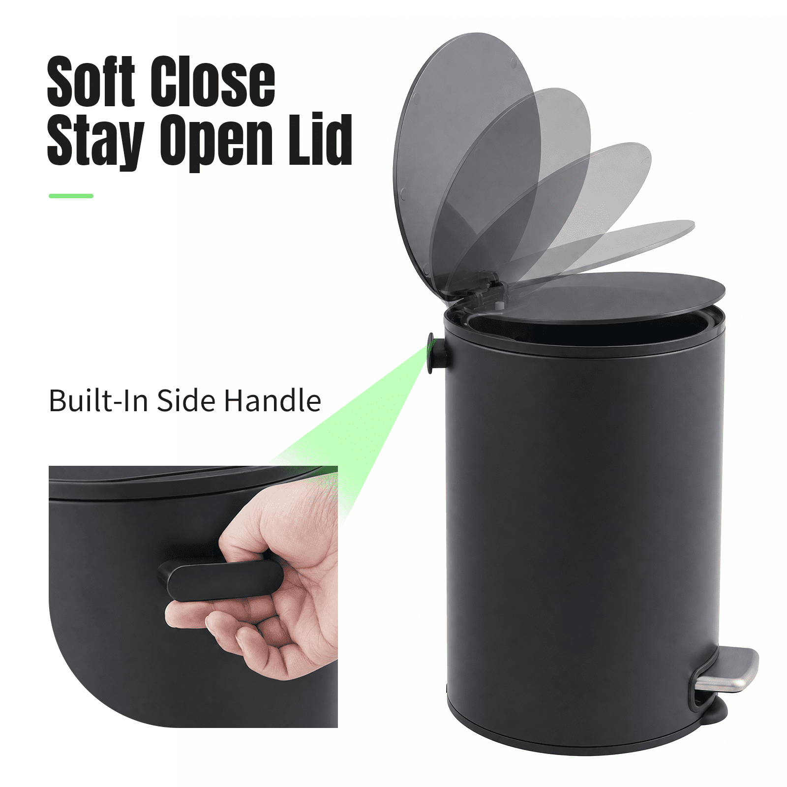 Simplykleen 5L/1.32 Gallon Round Step Trash Can Small Stainless Steel Bathroom Garbage Can with Removable Inner Bucket for Bathroom, Bedroom, Office, Black