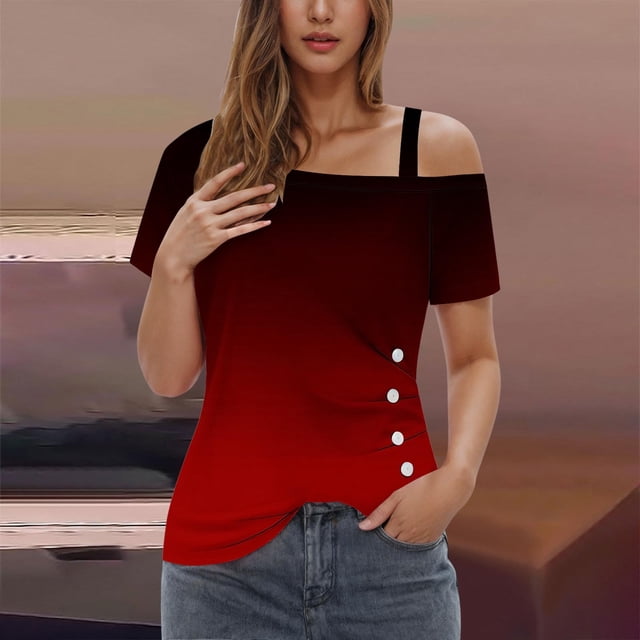 LOVZFMLL Women's Summer Tops Printing Off-The-Shoulder Halter Short Sleeve Button-Up Blouse