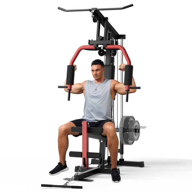 BeesClover Home Gym Equipment, 400 Lbs All in One Home Gym Machine with Pulley System, Multifunctional Weight Machine for Full Body Workout, Fit 1" & 2" Weight Plates (Not Include), Red