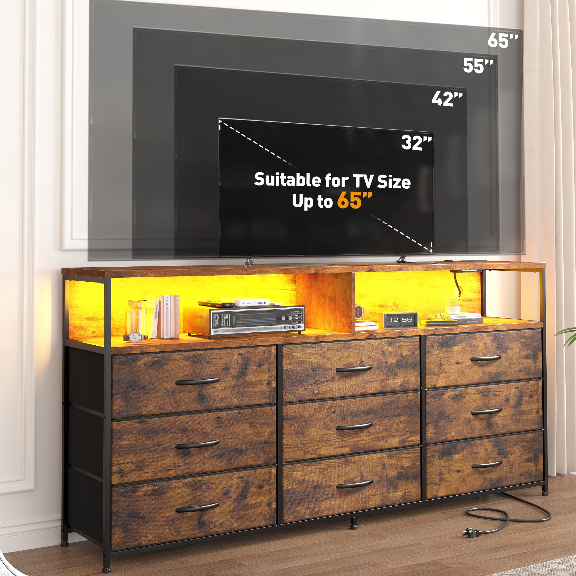 EnHomee 55” Long Dresser with Power Outlet & LED Lights TV Stand, 9 Fabric Drawers, Rustic Brown