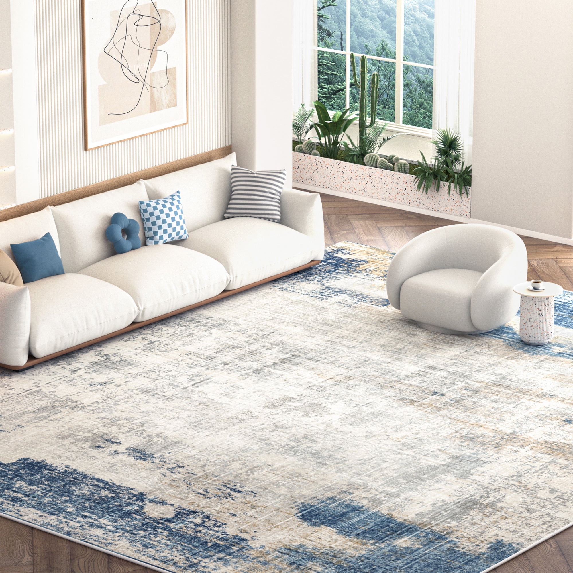 Nefoso 8ft x 10ft Area Rugs, Washable Area Rugs for Living Room Bedroom Home Decor, Non-Slip Carpet, Modern Abstract, Blue & Beige