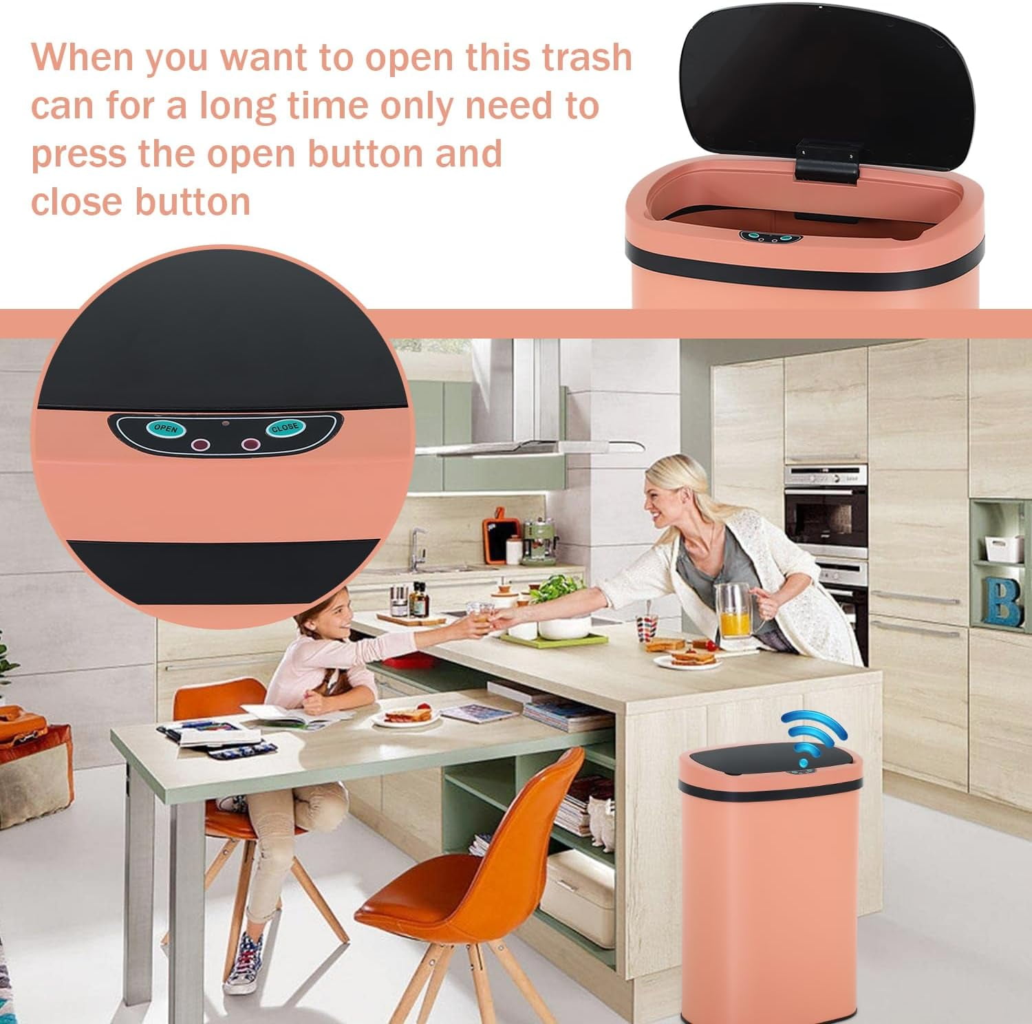 BIQWBIC 13 Gallon Automatic Trash Can, Touchless Stainless Steel Kitchen Garbage Can, Pink