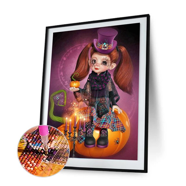 Cuadros Decorativos Diamante pintura Halloween dibujos animados chica completo redondo taladro imagen (A3794) Tmvgtek embutido en tela