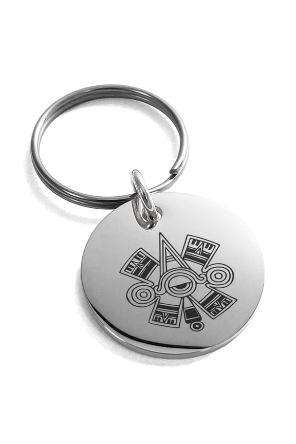 Stainless Steel Aztec Ollin Third Eye Rune Engraved Small Medallion Circle Charm Keychain Keyring