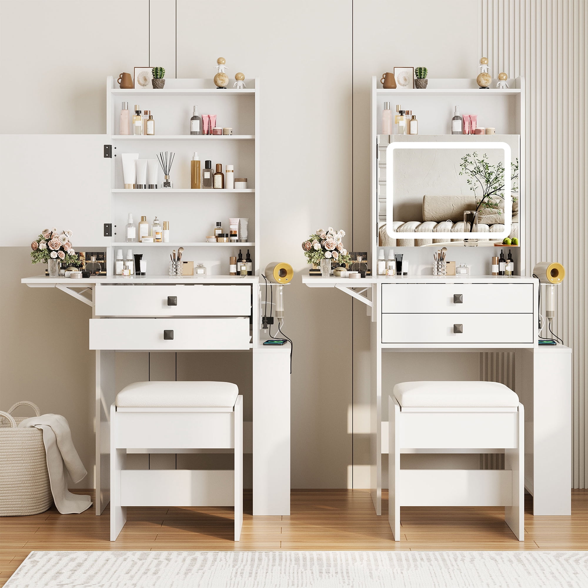 VEANERWOOD 21.4" White Vanity Desk with LED Light Mirror & Power Outlet, Glass Top Vanity Table Set with 2 Drawers, 8 Shelves, Makeup Table with Foldable Panel for Small Space