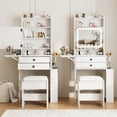 thumbnail image 3 of VEANERWOOD 21.4" White Vanity Desk with LED Light Mirror & Power Outlet, Glass Top Vanity Table Set with 2 Drawers, 8 Shelves, Makeup Table with Foldable Panel for Small Space, 3 of 7