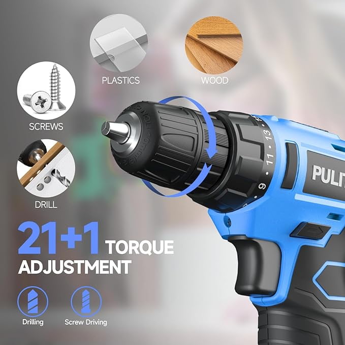 PULITUO 12V Cordless Power Drill Set with Battery and Charger, 3/8" Keyless Chuck, 21+1 Torque Settings, Built-in LED Light, Compact Electric Drill Kit for Home Improvement and DIY Projects(blue)