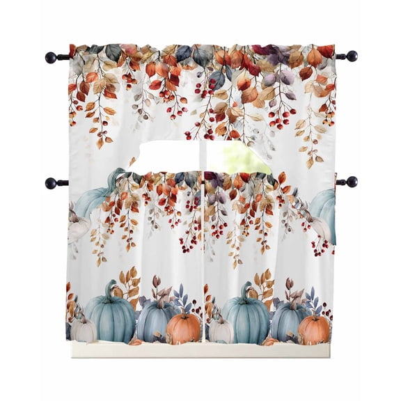 Orange Blue Fall Swag Kitchen Curtains Sets for Windows 24 Inch Length, Thanksgiving Maple Leaf Botanical Short Window Curtain Panels Swags Valances and Tiers 3 Piece Set for Cafe/Dining Room