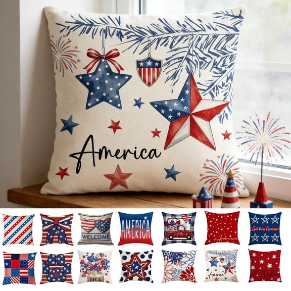 Beautynvta 4th of July Pillow Covers, 18x18 Inch, American Flag Hanging Stars Patriotic Throw Pillow Covers, Independence Day Memorial Day Cushion Case for Sofa Couch