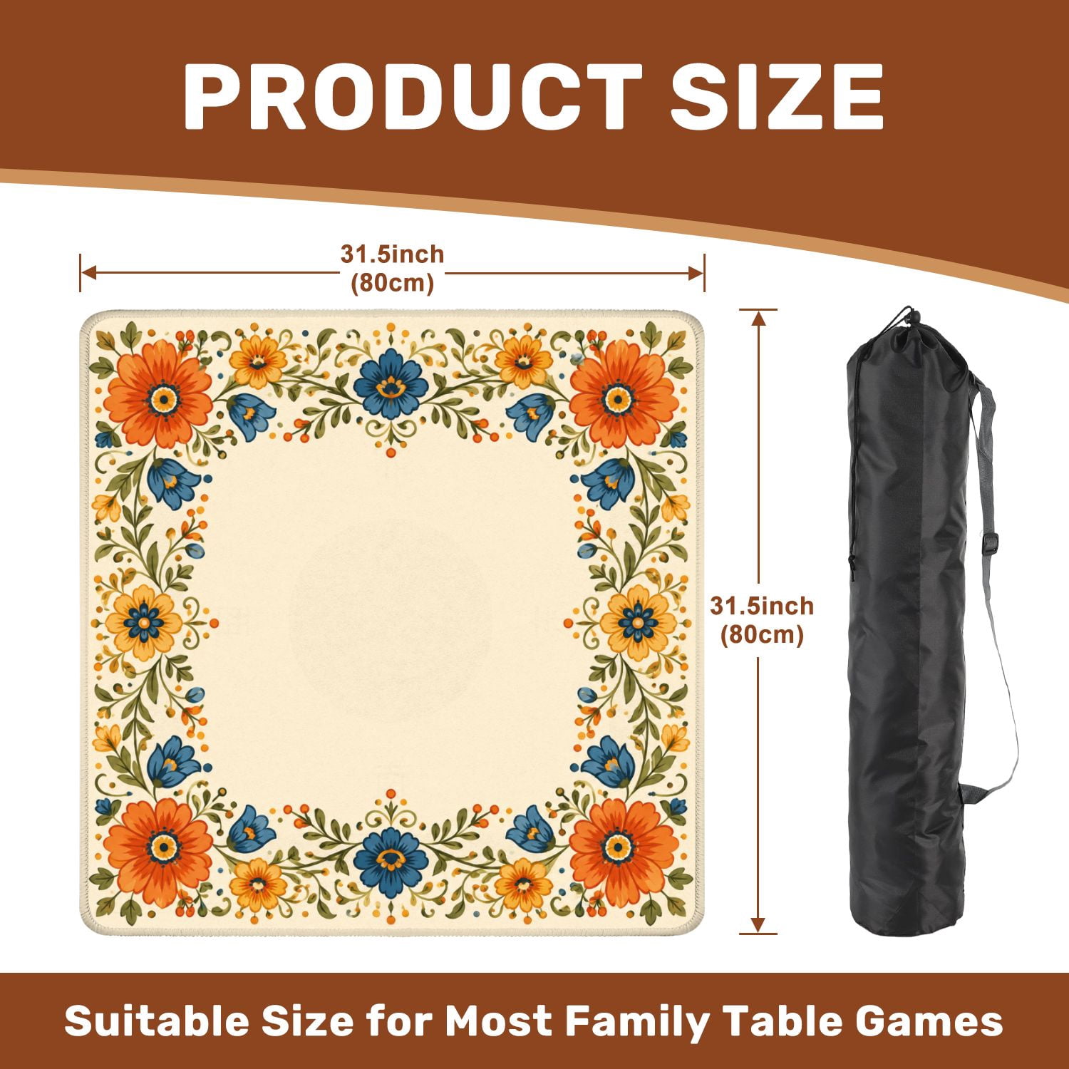 Mahjong Mat 31.5" x 31.5" Floral Border Design Orange Blue Green Flowers Leaves Non-Slip Noise Reduction Mahjong Tiles Table Cover for Dominoes Poker Card Board and Tile Games