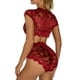 thumbnail image 4 of Lencería de encaje para mujer, color puro, elegante, suave, cuello en V, manga corta, conjunto de bragas para aniversario, Jujube Red XL, 4 of 6