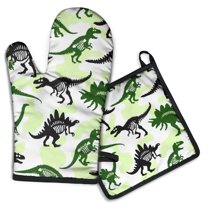 Cute Dinosaur Pattern Kitchen Oven Mitt and Pot Holder Sets 2 Pcs for Baking, Cooking and Grilling, Heat Resistant Up To 392 °F