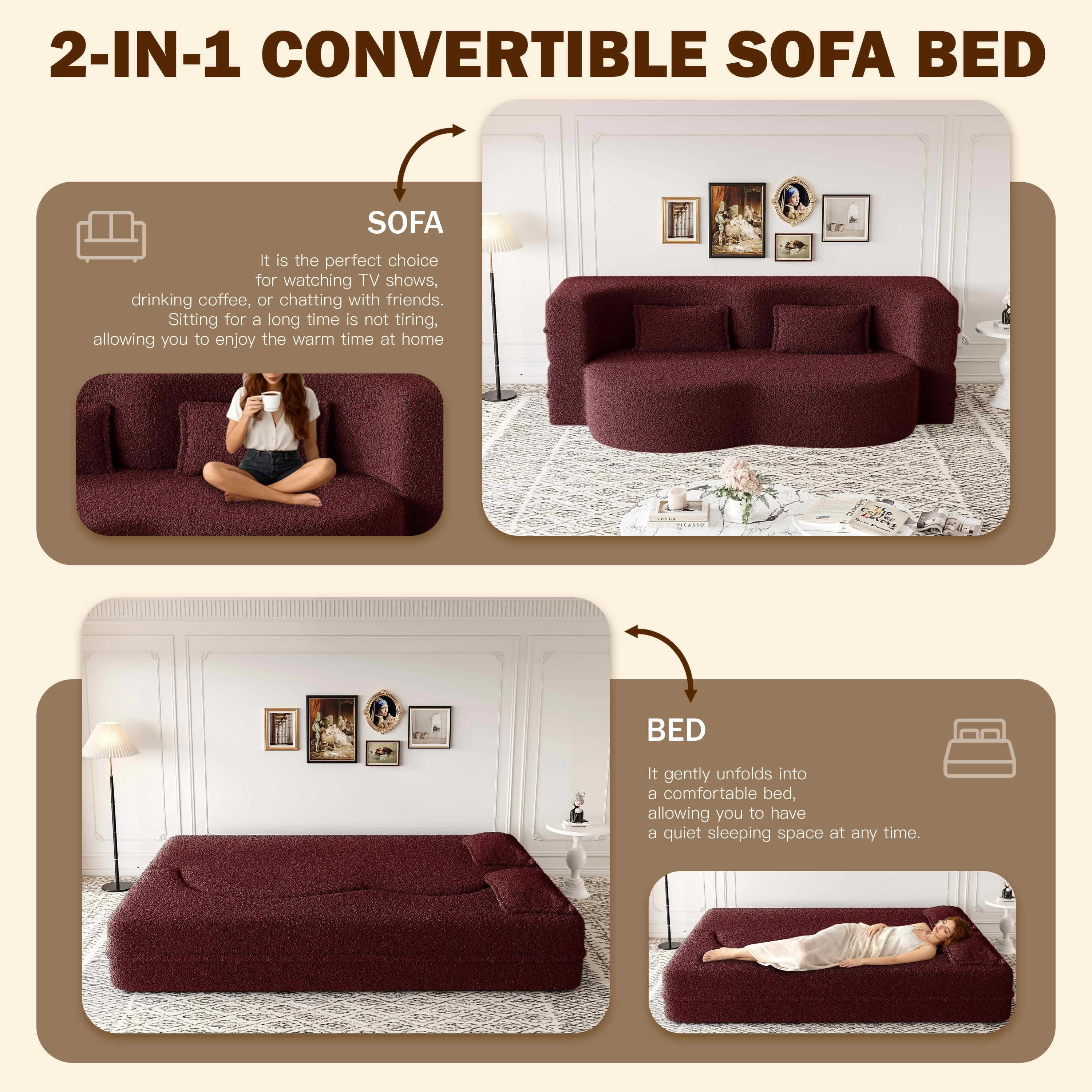 MAYEERTY Sherpa Floor Sofa Bed, Full Size Foldable Foam Sleeper Mattress with 2 Pillows, Zero Assembly Space Saving Guest Bed