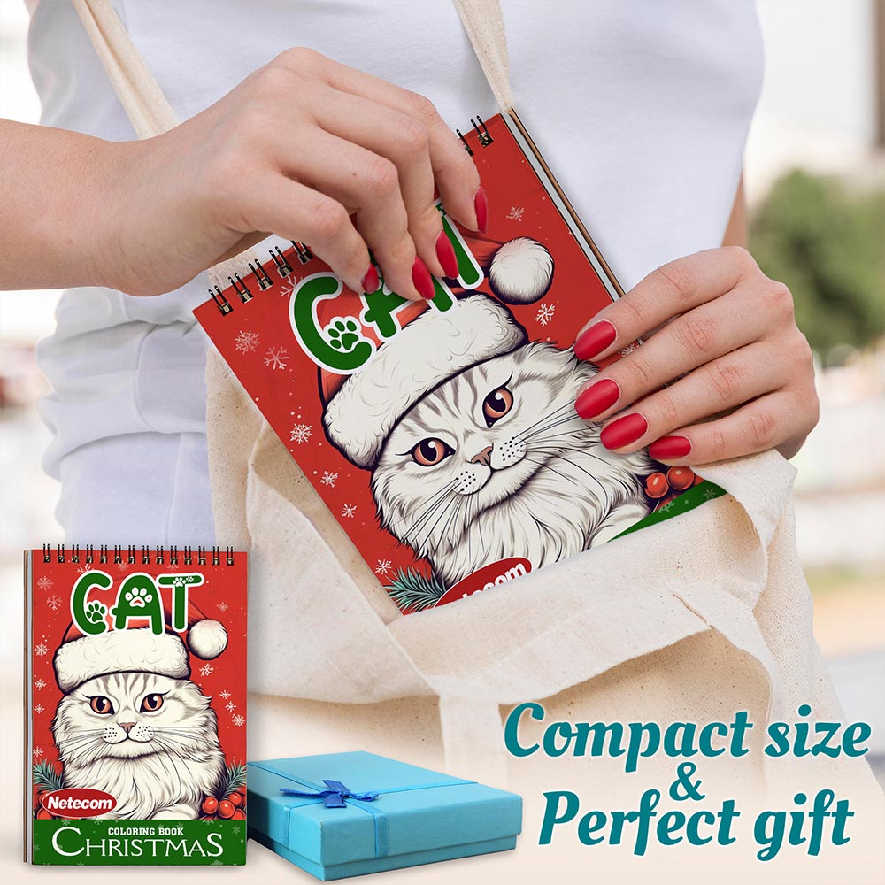 Netecom Christmas Cat Coloring Book Spiral Bound For Adults, A5 Wooden Cover, 30 Charming Coloring Pages of Cute Cats in Christmas Day for Stress Relief and Relaxation