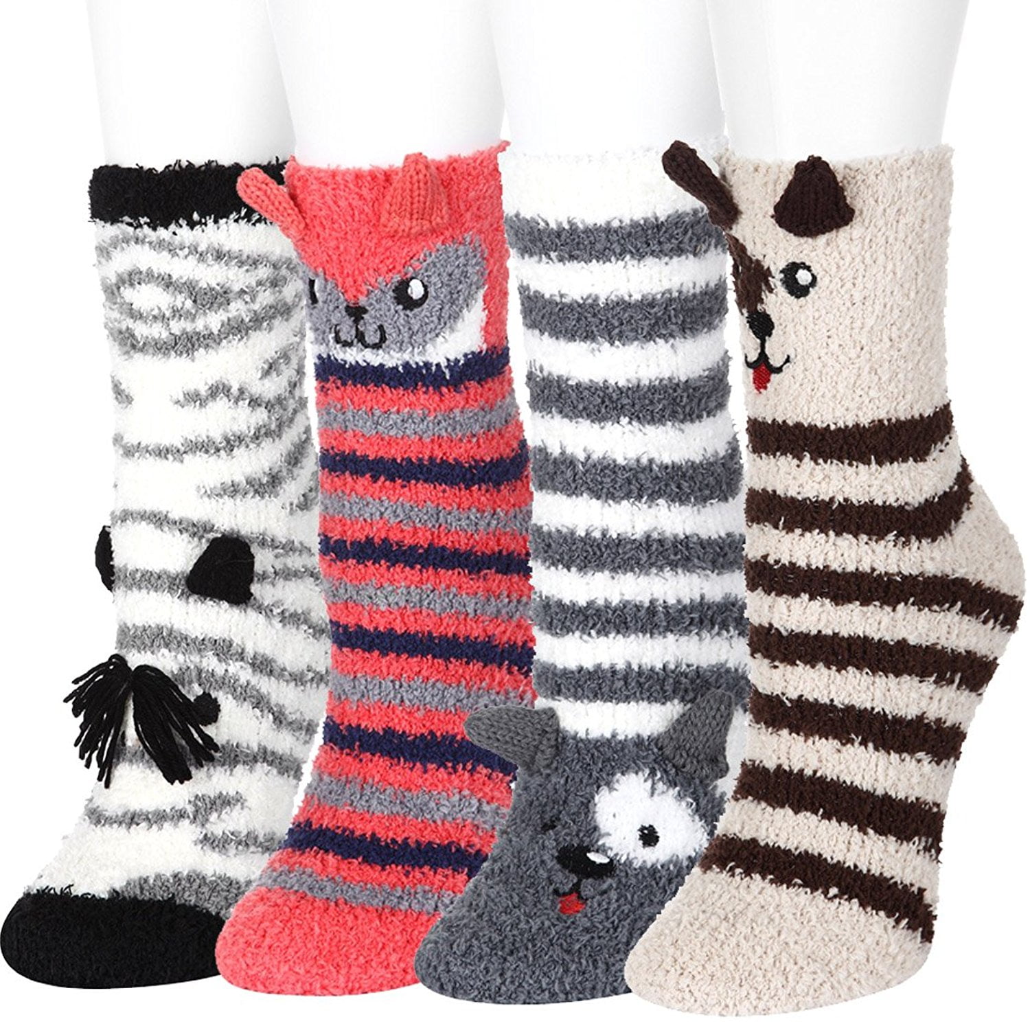 4 Pairs Fuzzy Socks Women Girls Cartoon Animals Slipper Sleeping Winter ...