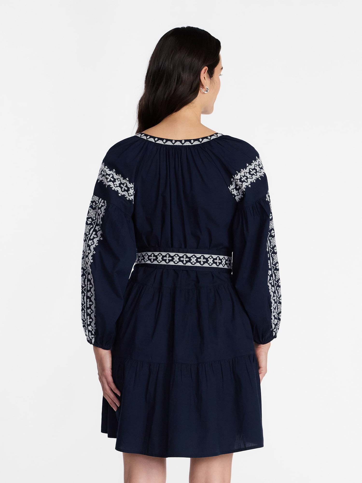 Time and Tru Women's Embroidered Cotton Mini Dress with Long Blouson Sleeves, Sizes XS-XXXL