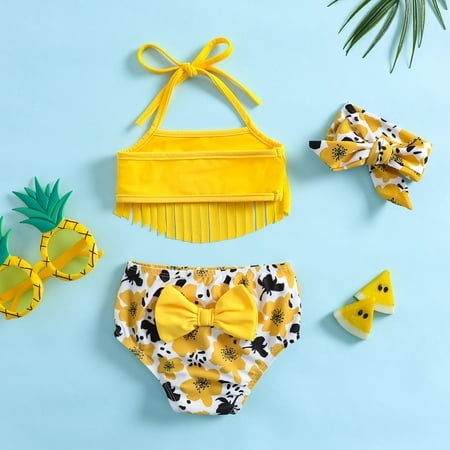 

Gubotare Summer Toddler Girls Bowknot Floral Prints Tassel Three Piece Swimwear Swimsuit Bikini Girls Kids Swimsuits Two Piece Yellow 12-18 Months