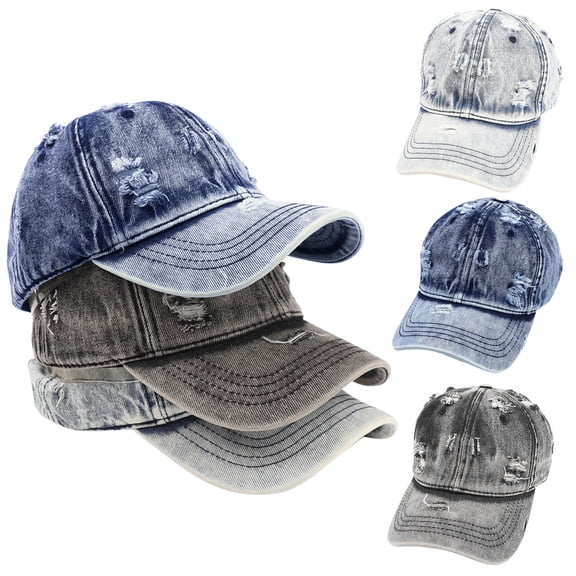Helii Unisex Distressed Denim Baseball Cap Vintage Washed Dad Hat Low Profile Unstructured Ripped Cotton Cap Adjustable Metal Buckle Curved Brim Hat Dark Blue,One Size