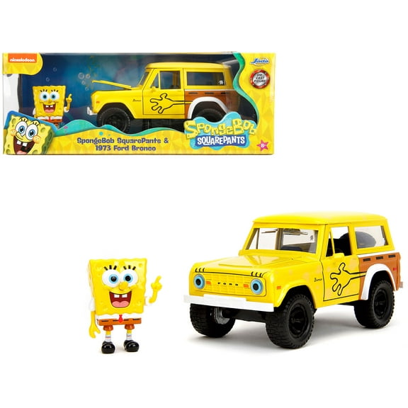 1973 Ford Bronco Yellow with Graphics and SpongeBob SquarePants Diecast Figure "SpongeBob SquarePants" (1999â€“Current) TV Series "Hollywood Rides" Series 1/24 Diecast Model Car by Jada