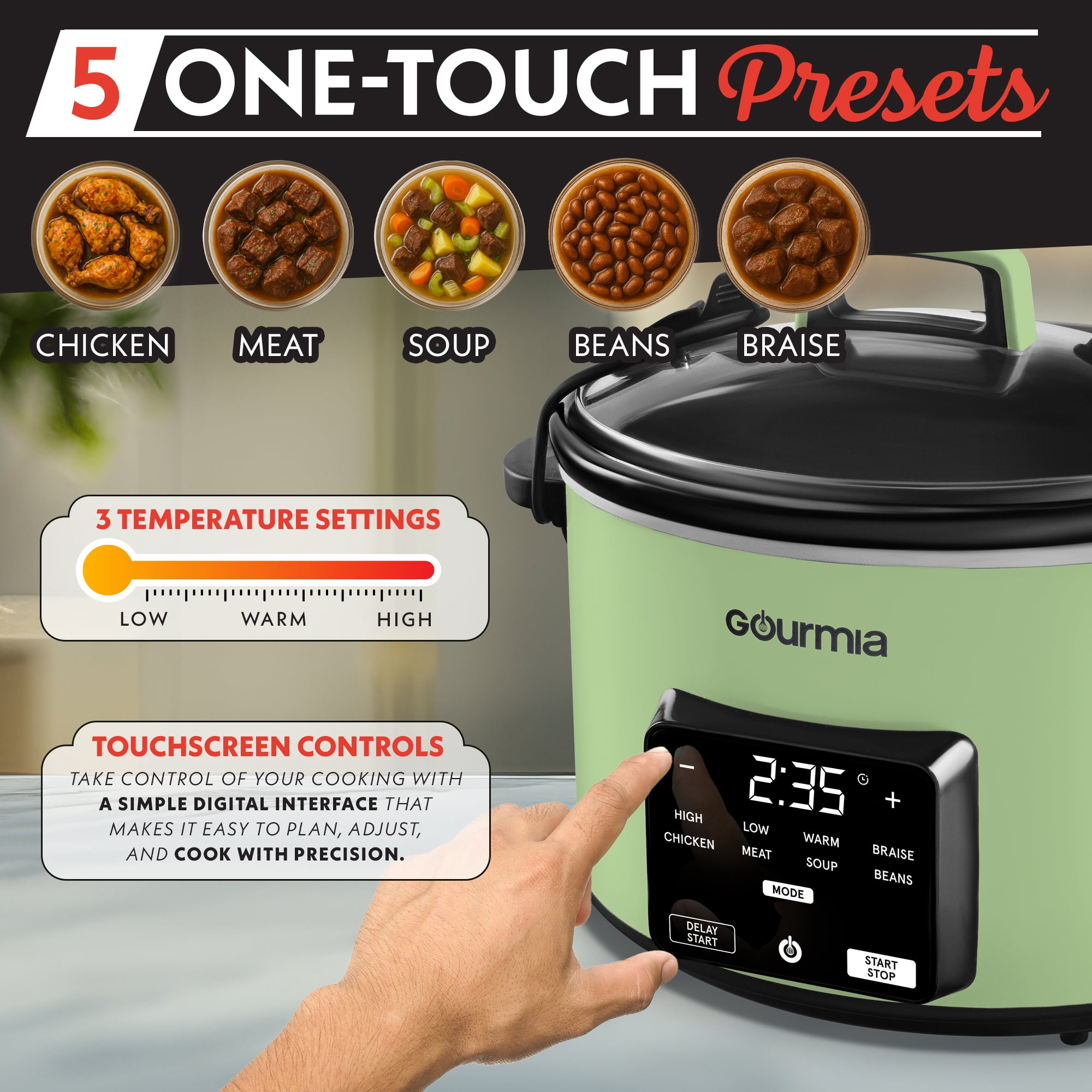 Gourmia 4.5 QT Programmable Slow Cooker, 5 Presets, Keep Warm, Green