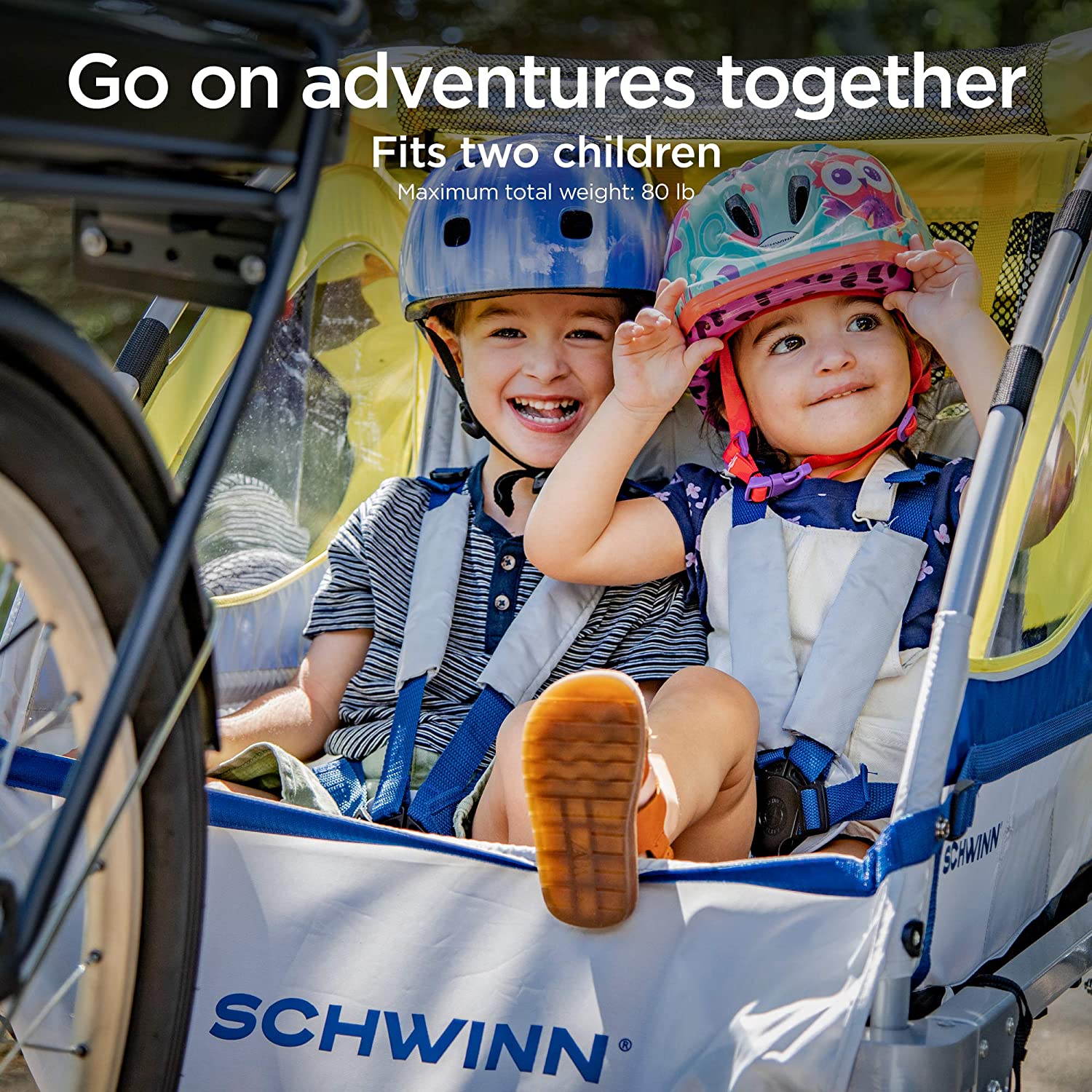 Schwinn Echo, and Trailblazer Child Bike Trailer, Single and Double Baby Carrier, Canopy, inch Wheels Echo - 2 Seat Bike Trailer Yellow - image 2 of 7