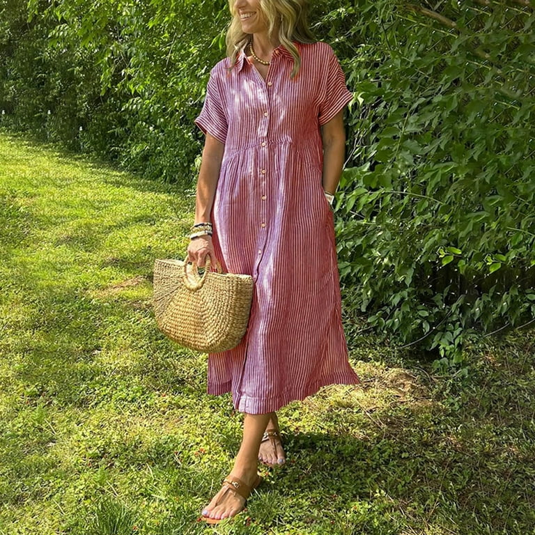 Plus Size Dresses Curvy Women Striped Lapel Button Down Shirt