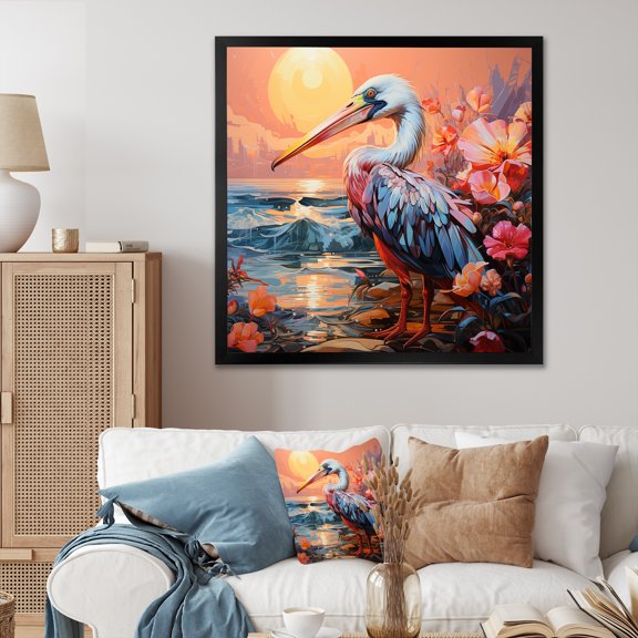 Designart "Pink Pelican at the Beach Coastal Watch I" Animals Framed Wall Art Decor - Modern Pink Pelican Living Room Framed Canvas Art